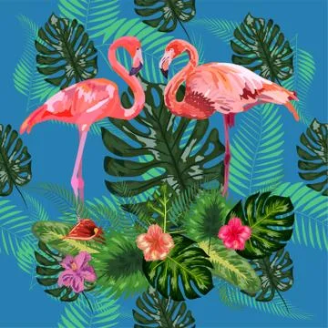 Beautiful seamless floral pattern background with pink flamingos, tropical fl 스톡 일러스트