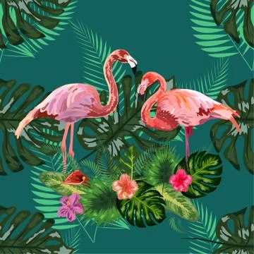 Beautiful seamless floral pattern background with pink flamingos, tropical fl Stock Illustration