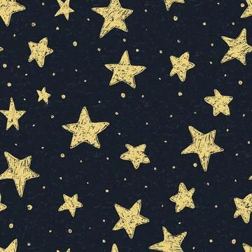 Beautiful seamless night sky pattern with textured stars, hand drawn Stock Illustration