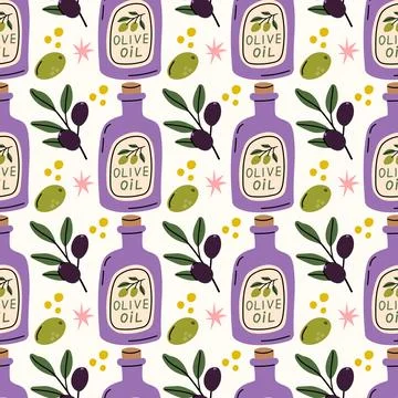 Beautiful Seamless Olive Pattern with Olive Oil Bottles and Branches Stockillustratie