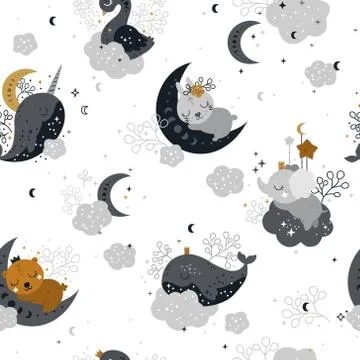 Beautiful Seamless Pattern with Animals, Moon and Stars Stock Illustration