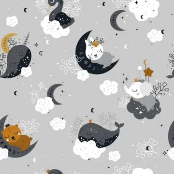 Beautiful Seamless Pattern with Animals, Moon and Stars Stock Illustration