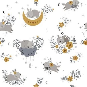 Beautiful Seamless Pattern with Animals, Moon and Stars Stock Illustration