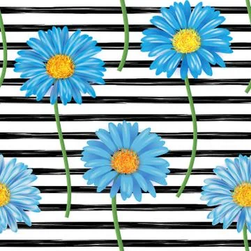 Beautiful seamless pattern with blue gerbera flowers on striped background. Hand Stock Illustration