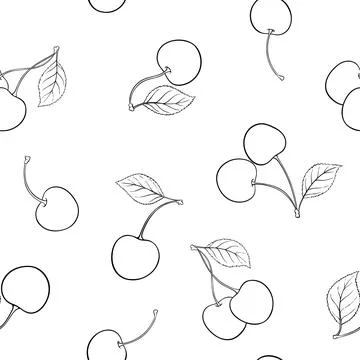 Beautiful seamless pattern cartoon black and white outline cherry, symbol o.. Stock Illustration