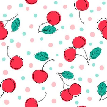 Beautiful seamless pattern cartoon black and white outline cherry, pink and.. Stock Illustration