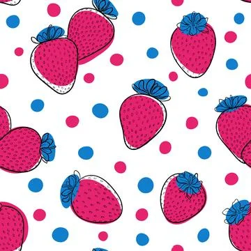 Beautiful seamless pattern cartoon black and white outline strawberry, pink.. Illustrazione stock