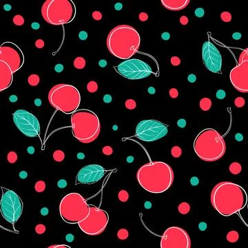 Beautiful seamless pattern cartoon black and white outline cherry, pink and.. Illustrazione stock