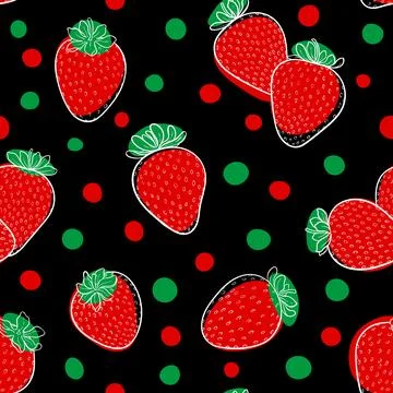 Beautiful seamless pattern cartoon black and white outline strawberry, red .. Stock Illustration