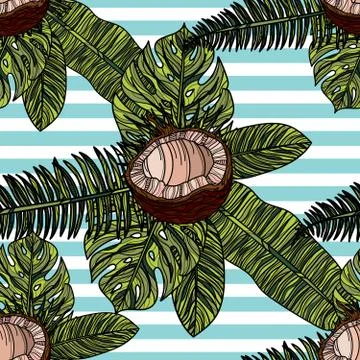 Beautiful seamless pattern with coconut and tropical leaves. イラスト素材