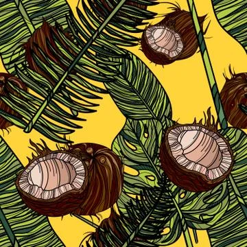 Beautiful seamless pattern with coconut and tropical leaves. Stock Illustration