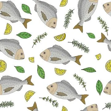 Beautiful seamless pattern, color fish Dorado with lemon, thyme, basil, rosem Illustrazione stock