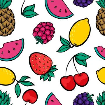 Beautiful seamless pattern with cute doodle fruits sketch. Hand drawn trendy  Stock Illustration