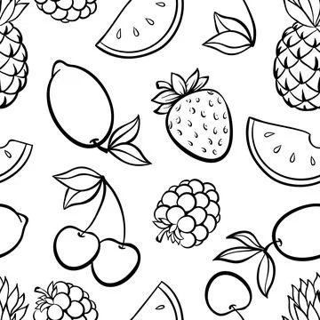 Beautiful seamless pattern with cute doodle fruits sketch. Hand drawn trendy  Stock Illustration