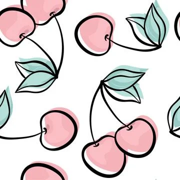 Beautiful seamless pattern with cute doodle cherry sketch. Hand drawn trend.. 스톡 일러스트