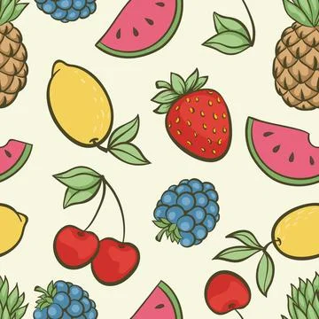 Beautiful seamless pattern with cute doodle fruits sketch. Hand drawn trend.. Stock Illustration