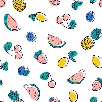 Beautiful seamless pattern with cute doodle fruits sketch. Hand drawn trend.. Stock Illustration