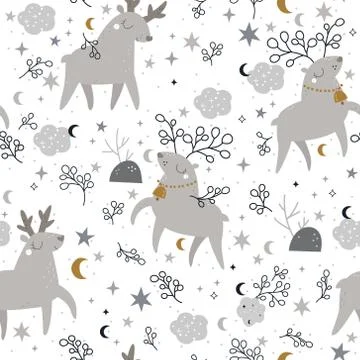 Beautiful Seamless Pattern with Deer, Moon and Stars Stock Illustration