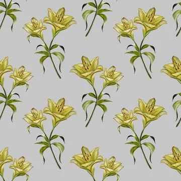 Beautiful seamless pattern design featuring yellow lilies on a soft gray ba.. Stock-Illustration