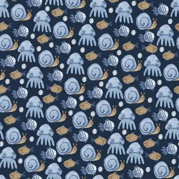 Beautiful seamless pattern with  fish, snails, jellyfish and seashells. Stock Illustration