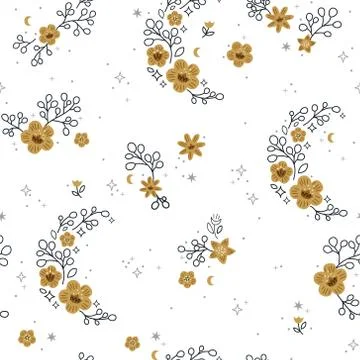 Beautiful Seamless Pattern with Flowers, Moon and Stars Stock Illustration
