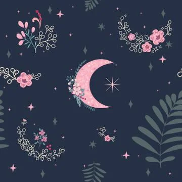 Beautiful Seamless Pattern with Flowers, Moon and Stars Stock-Illustration