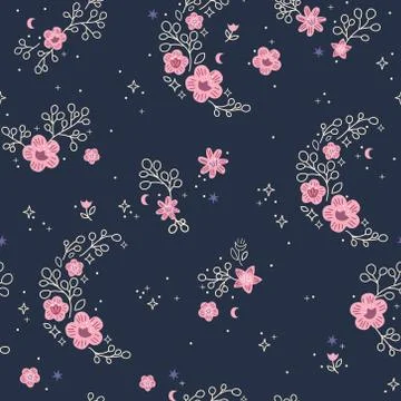 Beautiful Seamless Pattern with Flowers, Moon and Stars Stock Illustration