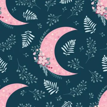 Beautiful Seamless Pattern with Flowers, Moon and Stars Stock Illustration