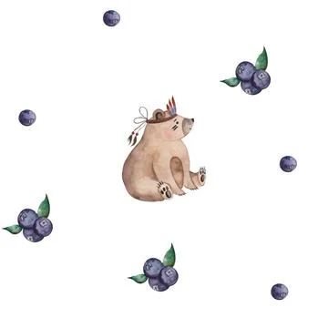 Beautiful seamless pattern with fresh blueberries and bear. Bright blue hand Stock Illustration