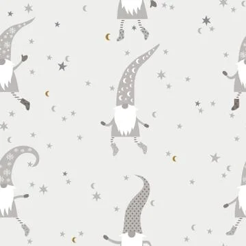 Beautiful Seamless Pattern with Gnomes, Moon and Stars Stock Illustration