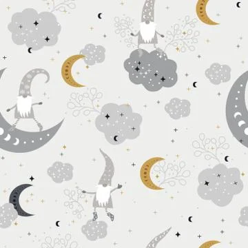 Beautiful Seamless Pattern with Gnomes, Moon and Stars Stock Illustration