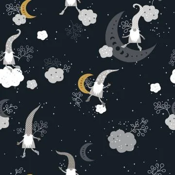 Beautiful Seamless Pattern with Gnomes, Moon and Stars Illustrazione stock