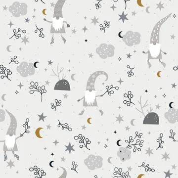 Beautiful Seamless Pattern with Gnomes, Moon and Stars Stock Illustration