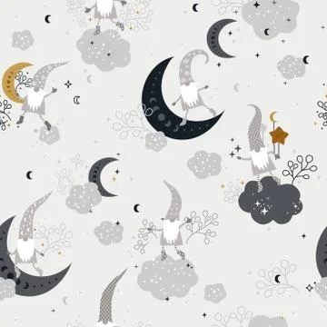 Beautiful Seamless Pattern with Gnomes, Moon and Stars Stock Illustration