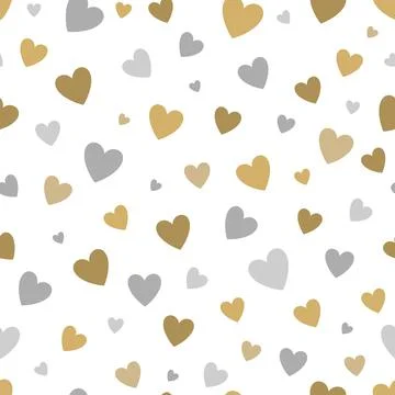 Beautiful seamless pattern with gold and silver glittering hearts on white ba Stock Illustration