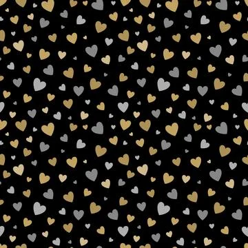 Beautiful seamless pattern with gold and silver glittering hearts on black .. Stock Illustration