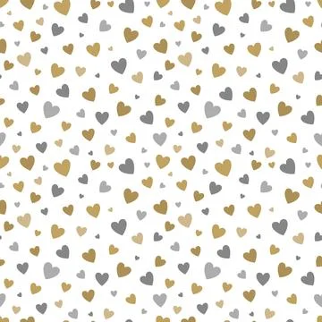 Beautiful seamless pattern with gold and silver glittering hearts on white .. Stock Illustration