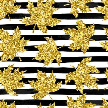 Beautiful seamless pattern golden maple leaves on brush strokes, striped back Illustrazione stock