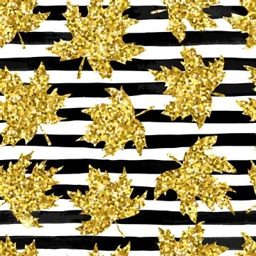 Beautiful seamless pattern golden maple leaves on brush strokes, striped ba.. 스톡 일러스트