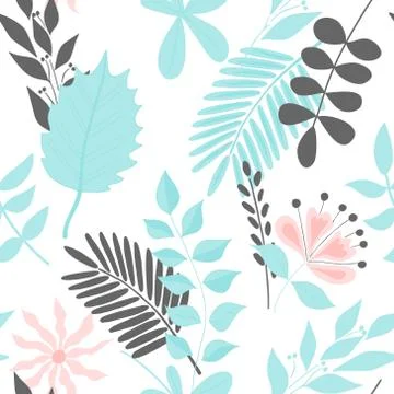 Beautiful seamless pattern with hand-drawn tropical plants. Modern abstract Stock Illustration