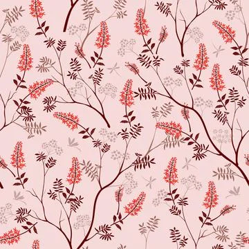 Beautiful seamless pattern with hand drawn red wild flowers on pastel backgro Stock Illustration