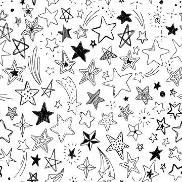 Beautiful seamless pattern hand drawn doodle stars black and white isolated.. Stock Illustration