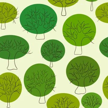Beautiful seamless pattern of hand drawn doodle green trees, circle foliage.. Stock Illustration