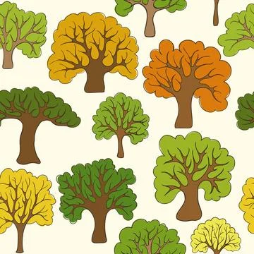 Beautiful seamless pattern of hand drawn doodle green, yellow, orange trees.. Stock Illustration