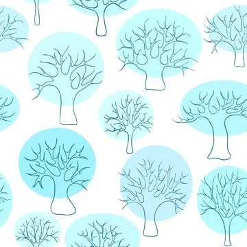 Beautiful seamless pattern of hand drawn doodle blue trees, circle snow. de.. Stock Illustration
