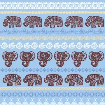 Beautiful seamless pattern Indian Elephant with ornamental strips. Hand drawn Stock Illustration