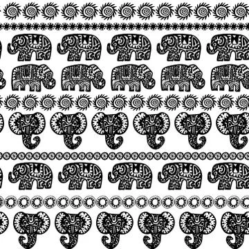 Beautiful seamless pattern Indian Elephant with ornamental strips. Hand drawn Stock Illustration
