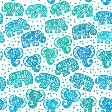 Beautiful seamless pattern Indian Elephant with polka dot ornaments. Hand dra 스톡 일러스트