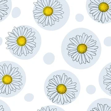 Beautiful seamless pattern with outline daisy flowers and dots, polka. for .. Stock Illustration
