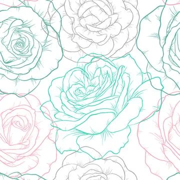 Beautiful seamless pattern with outline roses. Hand drawn contour lines. de.. Stock Illustration